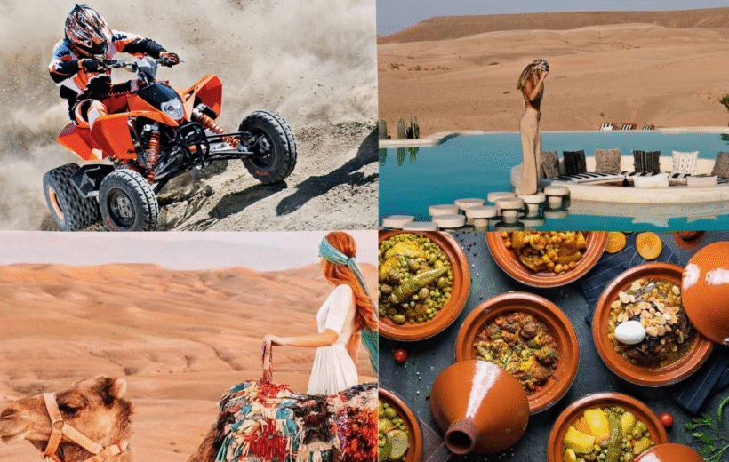 Expérience VIP au Désert d’Agafay : Déjeuner, Accès Piscine, Quad & Dromadaire